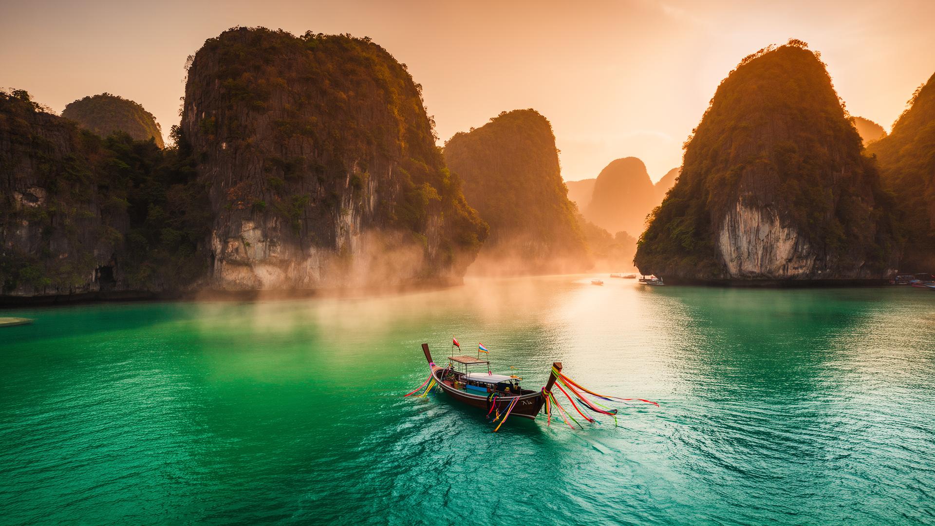 Scenic view of a tropical beach in Phuket with traditional longtail boats